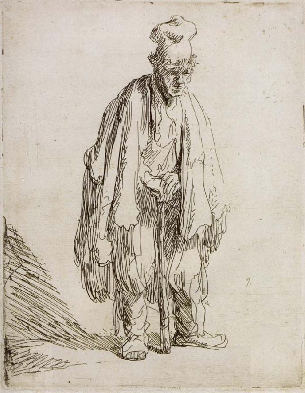 REMBRANDT Harmenszoon van Rijn Beggar in a high cap,Standing and Leaning on a stick